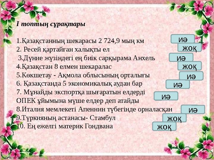 І топтың сұрақтары 1.Қазақстанның шекарасы 2 724,9 мың км 2. Ресей қартайған халықты ел 3.Дүние жүзіндегі ең биік сарқырама Ан І топтың сұрақтары 1.Қазақстанның шекарасы 2 724,9 мың км 2. Ресей қартайған халықты ел 3.Дүние жүзіндегі ең биік сарқырама Ан