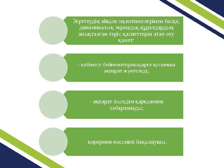 Зерттеудің айқын оң нәтижелерінен басқа, динамикалық экрандық құралдардың анықталған теріс қасиеттерін атап өту қажет: - көбі