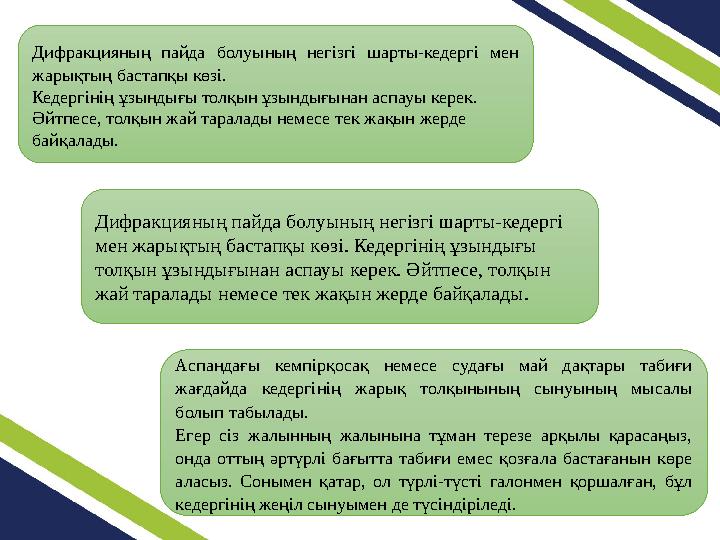 Дифракцияның пайда болуының негізгі шарты-кедергі мен жарықтың бастапқы көзі. Кедергінің ұзындығы толқын ұзындығынан аспауы кер