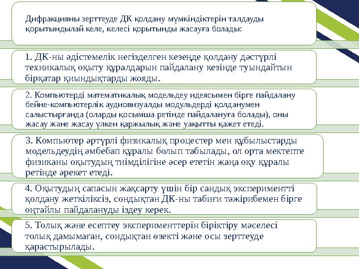 Дифракцияны зерттеуде ДК қолдану мүмкіндіктерін талдауды қорытындылай келе, келесі қорытынды жасауға болады: 1. ДК-ны әдісте