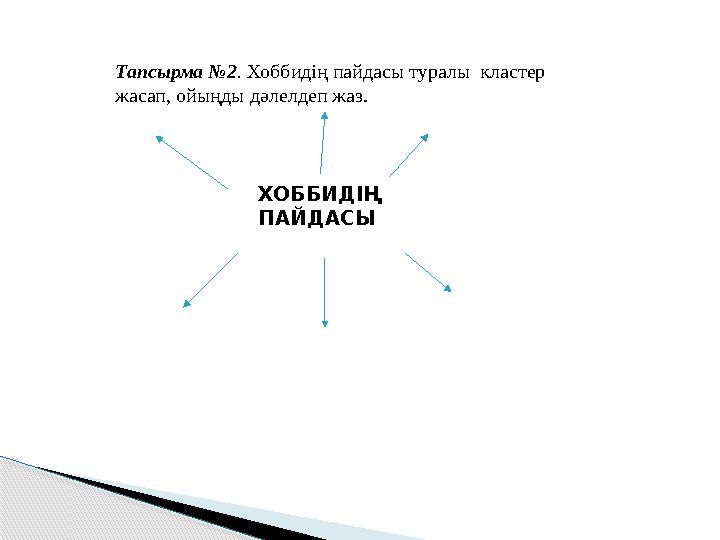 Тапсырма №2. Хоббидің пайдасы туралы кластер жасап, ойыңды дәлелдеп жаз. ХОББИДІҢ ПАЙДАСЫ