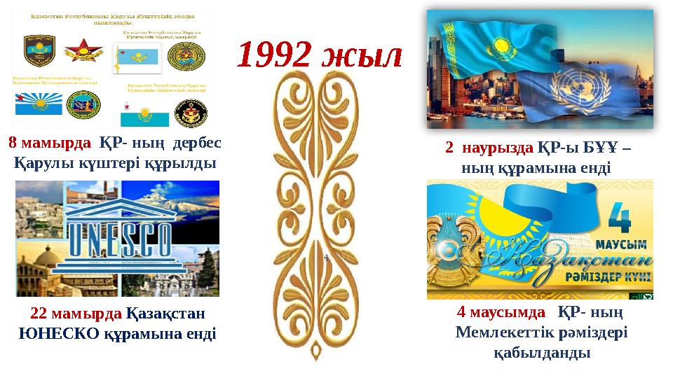 8 мамырда ҚР- ның дербес Қарулы күштері құрылды 1992 жыл 2 наурызда ҚР-ы БҰҰ – ның құрамына енді 22 мамырда Қазақстан ЮН