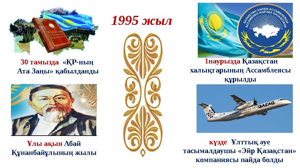 30 тамызда «ҚР-ның Ата Заңы» қабылданды 1995 жыл 1наурызда Қазақстан халықтарының Ассамблеясы құрылды Ұлы ақын Абай Құнан