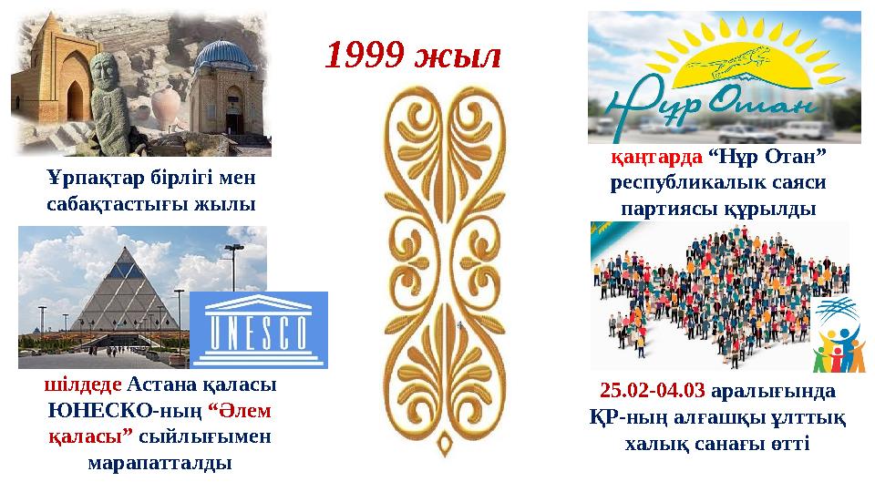1999 жыл Ұрпақтар бірлігі мен сабақтастығы жылы қаңтарда “Нұр Отан” республикалык саяси партиясы құрылды шілдеде Астана қалас