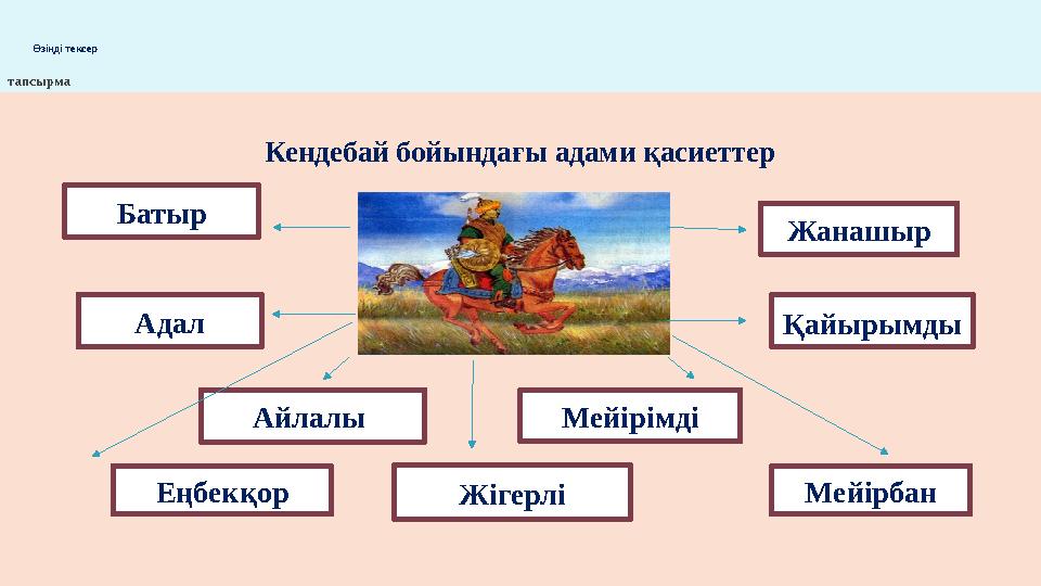 Кендебай бойындағы адами қасиеттер Өзіңді тексер тапсырма Қайырымды Жанашыр Батыр Адал МейірімдіАйлалы Мейірбан