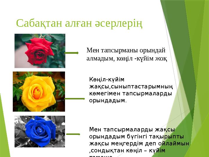 Сабақтан алған әсерлерің Мен тапсырманы орындай алмадым, көңіл -күйім жоқ Көңіл-күйім жақсы,сыныптастарымның
