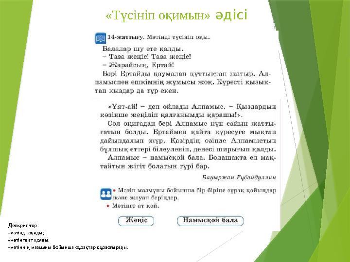 «Түсініп оқимын» әдісі Дескриптор: -мәтінді оқиды; -мәтінге ат қояды. -мәтіннің мазмұны бойынша сұрақтар құрасты