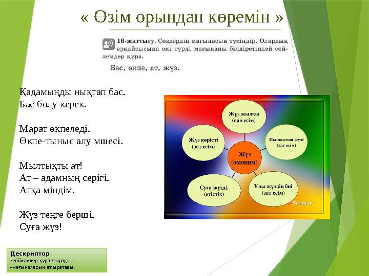 « Өзім орындап көремін » Дескриптор -сөйлемдер құрастырады. -мағыналарын ажыратады. Қадамыңды нықтап бас. Бас б