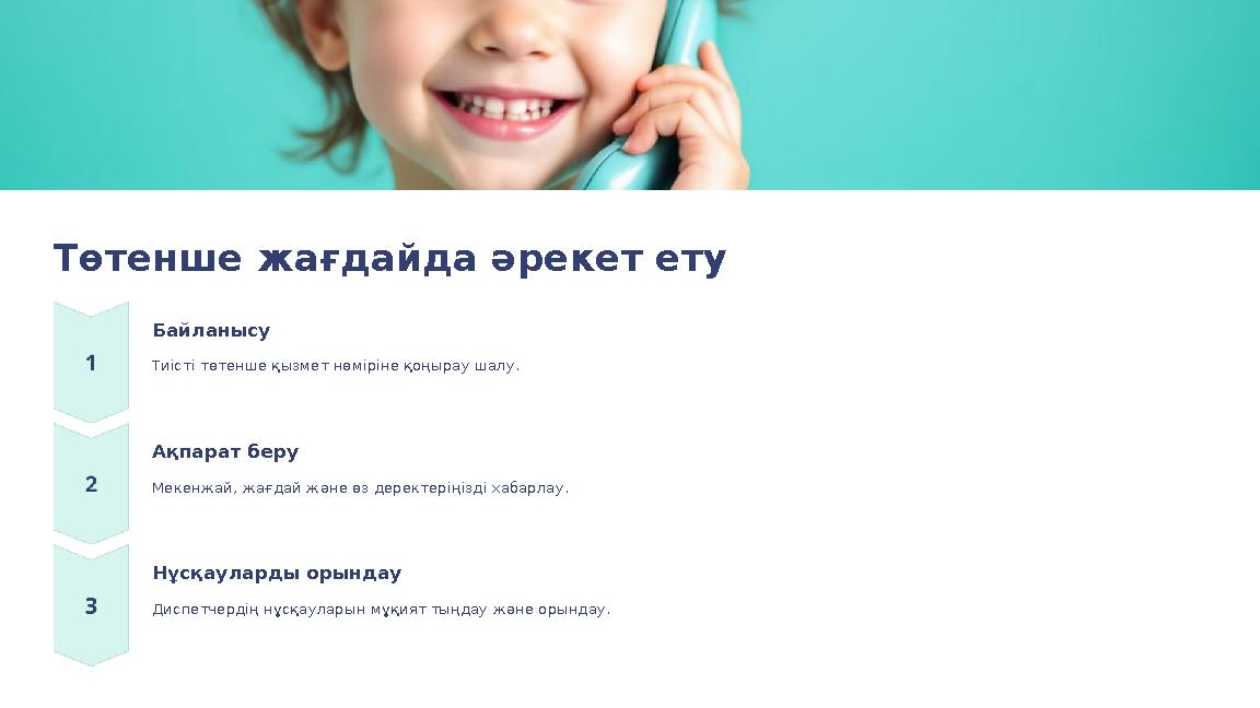 Төтенше жағдайда әрекет ету Байланысу Тиісті төтенше қызмет нөміріне қоңырау шалу. Ақпарат беру Мекенжай, жағдай және өз деректе