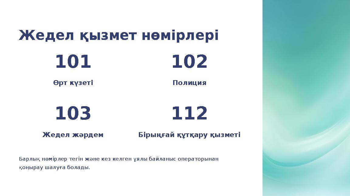 Жедел қызмет нөмірлері 101 Өрт күзеті 102 Полиция 103 Жедел жәрдем 112 Бірыңғай құтқару қызметі Барлық нөмірлер тегін және кез к