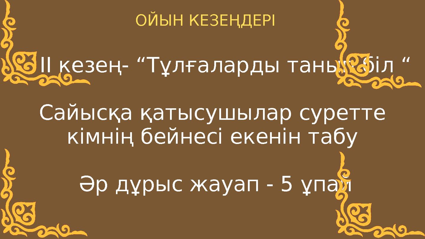 ІІ кезең- “Тұлғаларды танып біл “ Сайысқа қатысушылар суретте кімнің бейнесі екенін табу Әр дұрыс жауап - 5