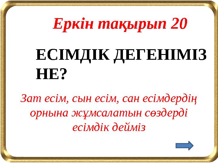Еркін тақырып 20 ЕСІМДІК ДЕГЕНІМІЗ НЕ? Зат есім, сын есім, сан есімдердің орнына жұмсалатын сөздерді есімдік дейміз