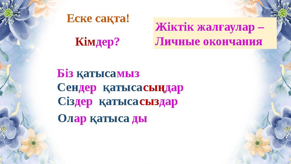 Еске сақта! Біз қатысамыз Сендер қатысасыңдар Сіздер қатысасыздар Олар қатыса Кімдер? Жіктік жалғаулар – Личные окончания ды