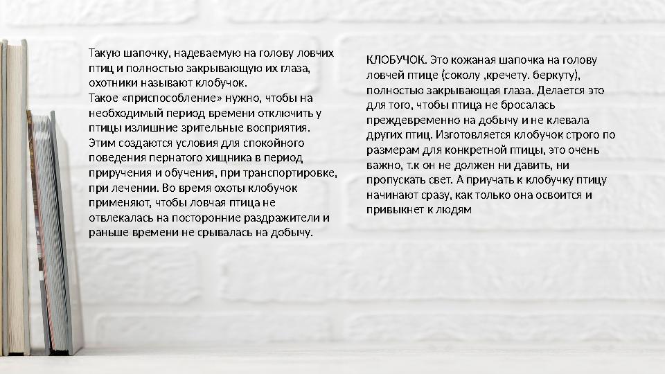 КЛОБУЧОК. Это кожаная шапочка на голову ловчей птице (соколу ,кречету. беркуту), полностью закрывающая глаза. Делается это дл