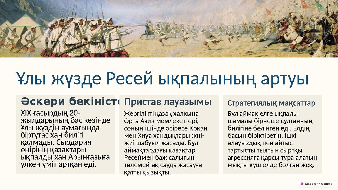 Ұлы жүзде Ресей ықпалының артуы Әскери бекіністер XIX ғасырдың 20- жылдарының бас кезінде Ұлы жүздің аумағында біртұтас хан би Ұлы жүзде Ресей ықпалының артуы Әскери бекіністер XIX ғасырдың 20- жылдарының бас кезінде Ұлы жүздің аумағында біртұтас хан би