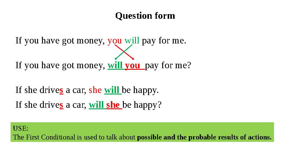 Question form If you have got money, you will pay for me. If you have got money, will you pay for me? If she drives a car, she w Question form If you have got money, you will pay for me. If you have got money, will you pay for me? If she drives a car, she w