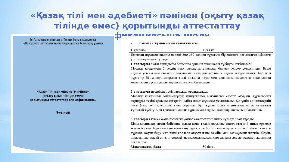 «Қазақ тілі мен әдебиеті» пәнінен (оқыту қазақ тілінде емес) қорытынды аттестаттау спецификациясына шолу