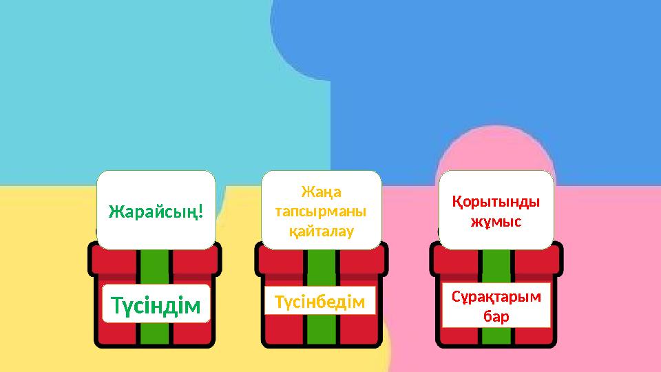 Түсіндім Түсінбедім Сұрақтарым бар Жарайсың! Жаңа тапсырманы қайталау Қорытынды жұмыс