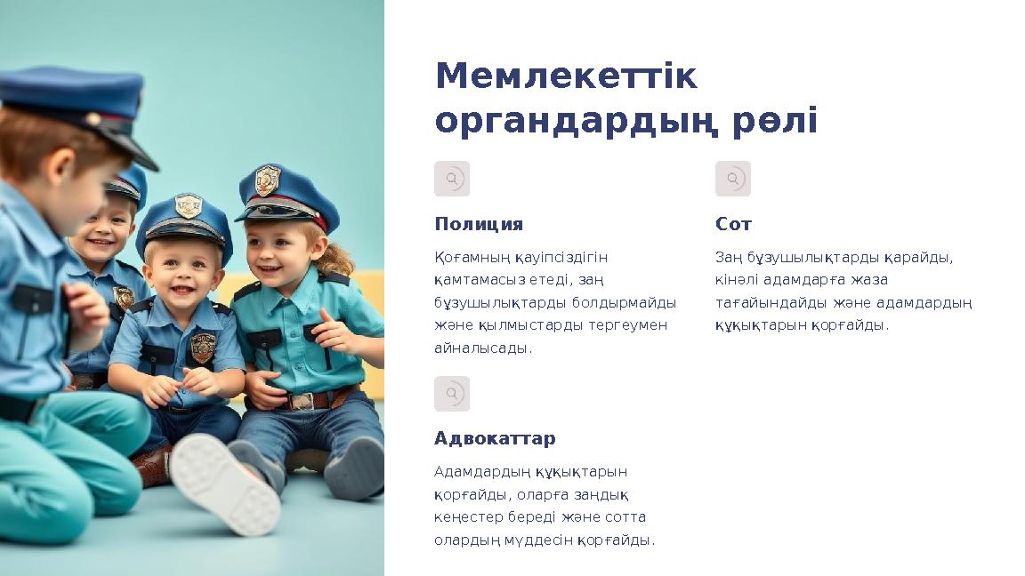 Мемлекеттік органдардың рөлі Полиция Қоғамның қауіпсіздігін қамтамасыз етеді, заң бұзушылықтарды болдырмайды және қылмыстард