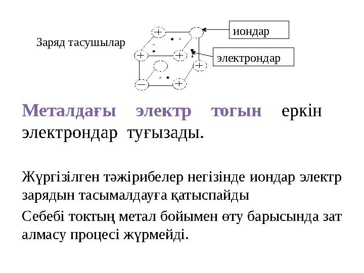 Металдағы электр тогын еркiн электрондар туғызады. Жүргізілген тәжірибелер негізінде иондар электр зарядын тасымалдауға қат