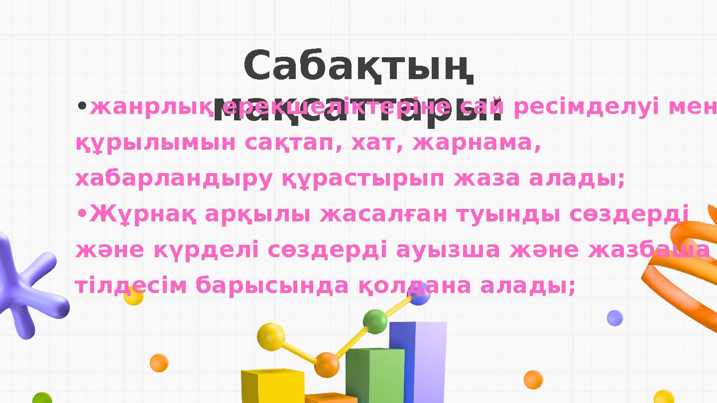 Сабақтың мақсаттары: •жанрлық ерекшеліктеріне сай ресімделуі мен құрылымын сақтап , хат, жарнама, хабарландыру құрастырып жа
