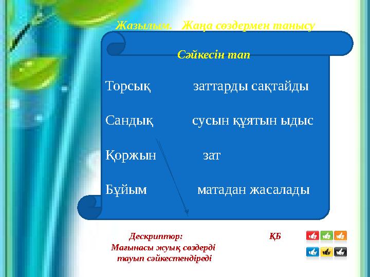 Жазылым. Жаңа сөздермен танысу Сәйкесін тап Торсық заттарды сақтайды Сандық сусын құятын ыдыс Қоржын