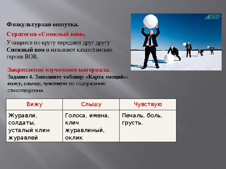 Физкультурная минутка. Стратегия «Снежный ком». Учащиеся по кругу передают друг другу Снежный ком и называют казахстанских гер
