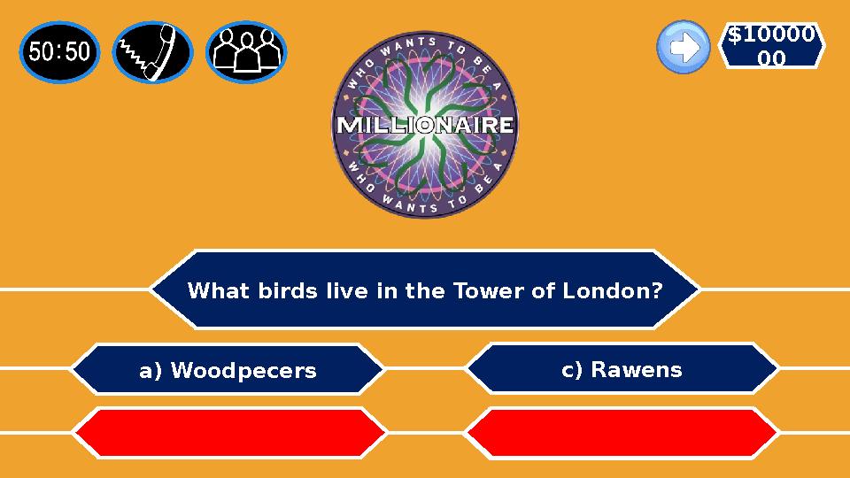 What birds live in the Tower of London? c) Rawens b) Sparow a) Woodpecers d) Angry birds $10000 00