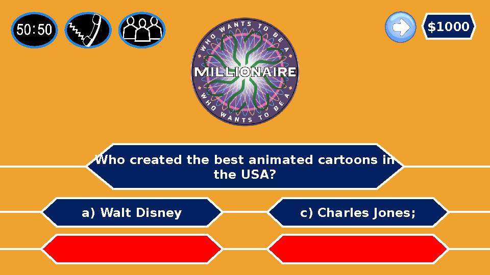 Who created the best animated cartoons in the USA? a) Walt Disney b) Jonh Portman c) Charles Jones; d) Norman Rockwell; $1000