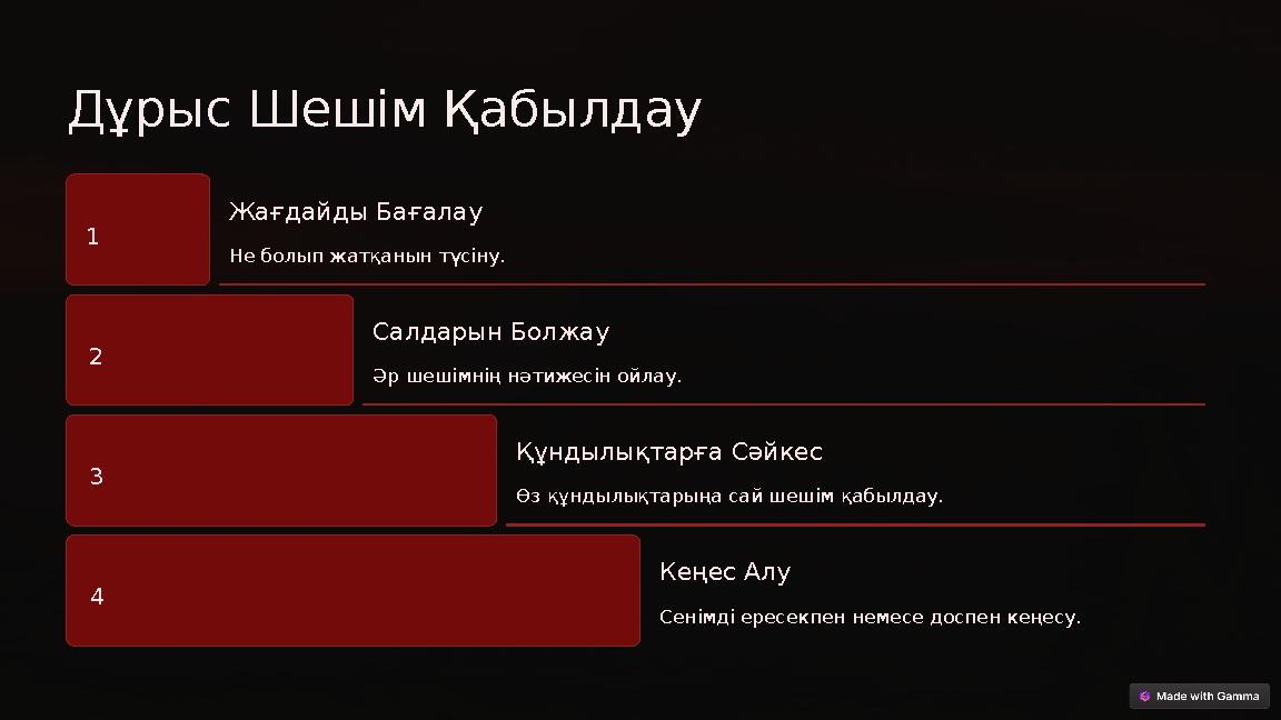 Дұрыс Шешім Қабылдау 1 Жағдайды Бағалау Не болып жатқанын түсіну. 2 Салдарын Болжау Әр шешімнің нәтижесін ойлау. 3 Құндылықтарғ