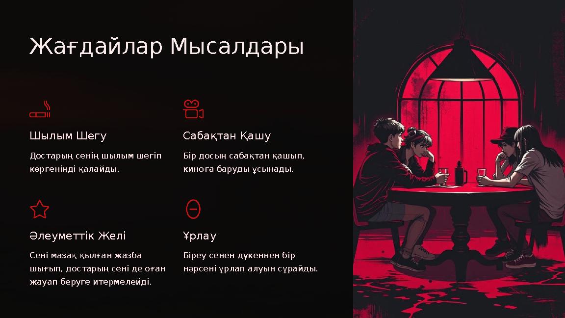 Жағдайлар Мысалдары Шылым Шегу Достарың сенің шылым шегіп көргеніңді қалайды. Сабақтан Қашу Бір досың сабақтан қашып, киноға