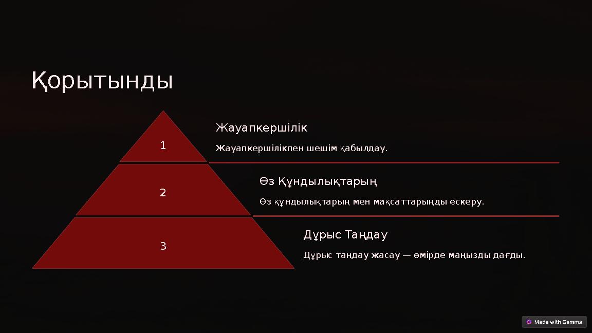 Қорытынды 1 Жауапкершілік Жауапкершілікпен шешім қабылдау. 2 Өз Құндылықтарың Өз құндылықтарың мен мақсаттарыңды ескеру. 3 Дұры