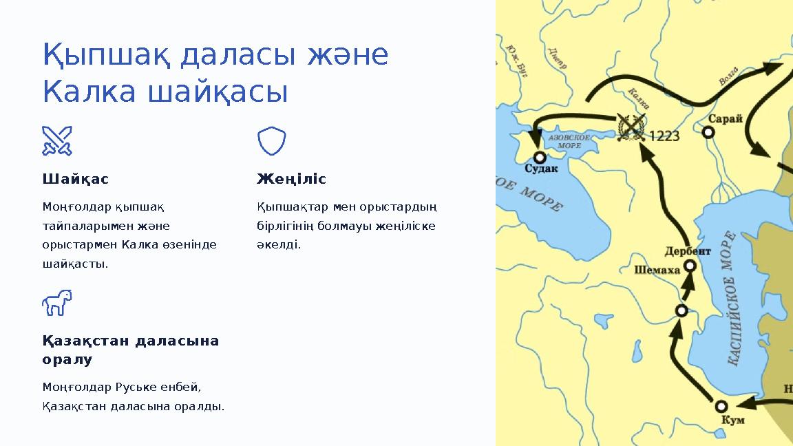 Қыпшақ даласы және Калка шайқасы Шайқас Моңғолдар қыпшақ тайпаларымен және орыстармен Калка өзенінде шайқасты. Жеңіліс Қыпша Қыпшақ даласы және Калка шайқасы Шайқас Моңғолдар қыпшақ тайпаларымен және орыстармен Калка өзенінде шайқасты. Жеңіліс Қыпша