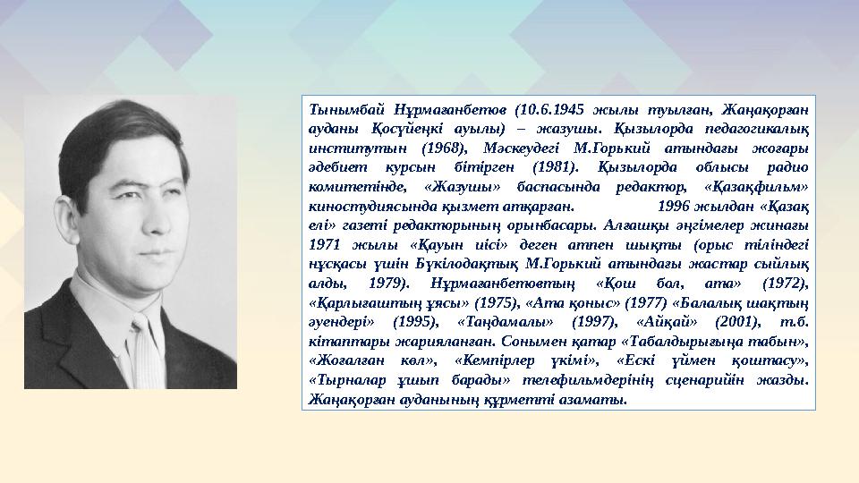 Тынымбай Нұрмағанбетов (10.6.1945 жылы туылған, Жаңақорған ауданы Қосүйеңкі ауылы) – жазушы. Қызылорда педагогикалық институты