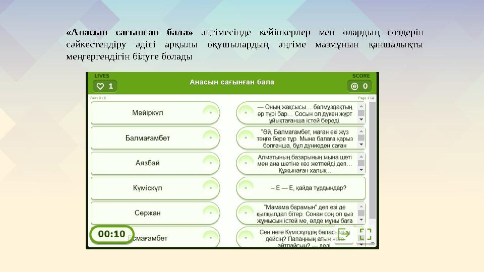 «Анасын сағынған бала» әңгімесінде кейіпкерлер мен олардың сөздерін сәйкестендіру әдісі арқылы оқушылардың әңгіме мазмұнын қанш