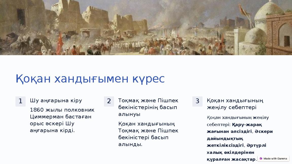 Қоқан хандығымен күрес 1Шу аңғарына кіру 1860 жылы полковник Циммерман бастаған орыс әскері Шу аңғарына кірді. 2Тоқмақ және П Қоқан хандығымен күрес 1Шу аңғарына кіру 1860 жылы полковник Циммерман бастаған орыс әскері Шу аңғарына кірді. 2Тоқмақ және П