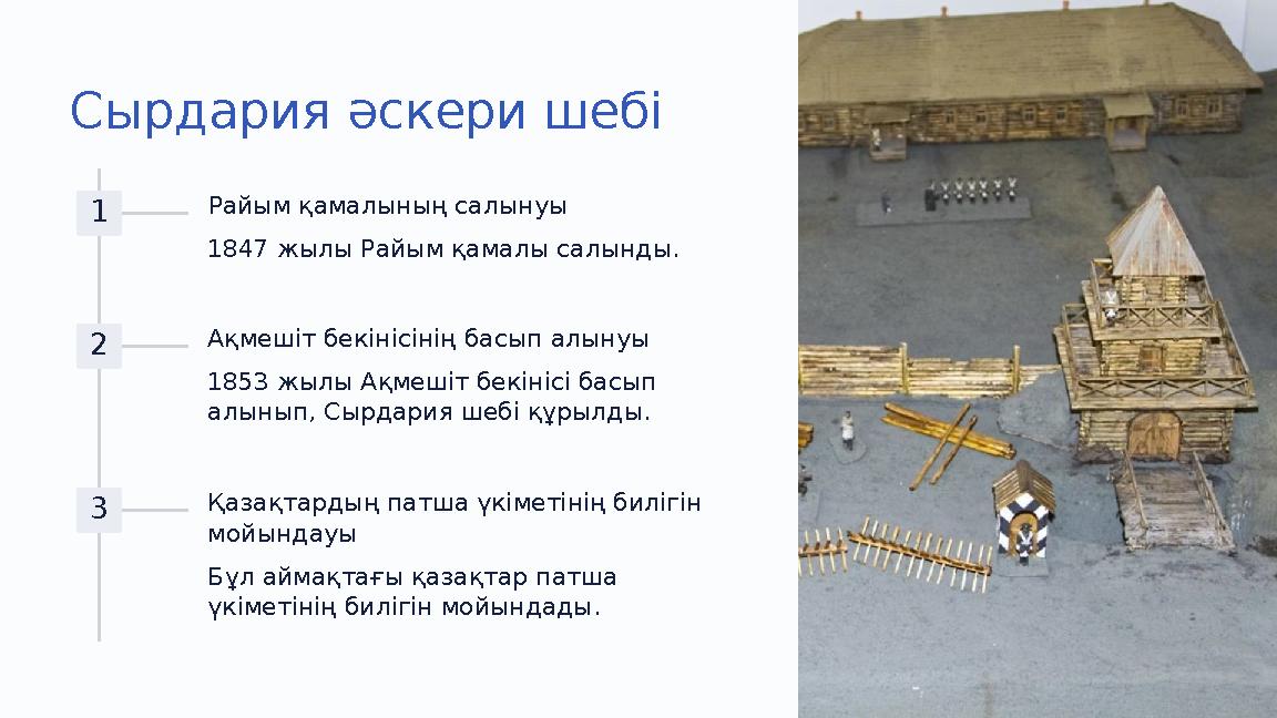 Сырдария әскери шебі 1 Райым қамалының салынуы 1847 жылы Райым қамалы салынды. 2 Ақмешіт бекінісінің басып алынуы 1853 жылы Ақме Сырдария әскери шебі 1 Райым қамалының салынуы 1847 жылы Райым қамалы салынды. 2 Ақмешіт бекінісінің басып алынуы 1853 жылы Ақме