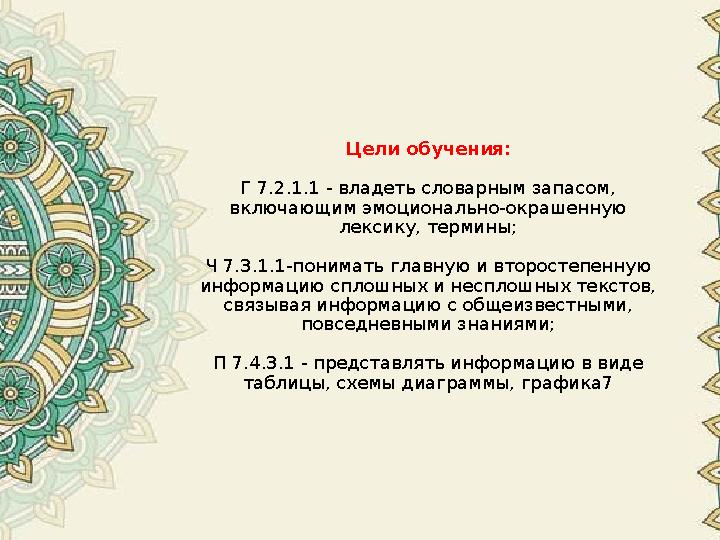 Цели обучения: Г 7.2.1.1 - владеть словарным запасом, включающим эмоционально-окрашенную лексику, термины; Ч 7.3.1.1-понимать Цели обучения: Г 7.2.1.1 - владеть словарным запасом, включающим эмоционально-окрашенную лексику, термины; Ч 7.3.1.1-понимать