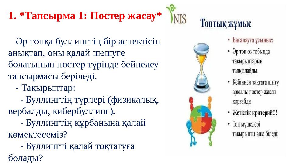 1. *Тапсырма 1: Постер жасау* Әр топқа буллингтің бір аспектісін анықтап, оны қалай шешуге болатынын постер түрінде бейн