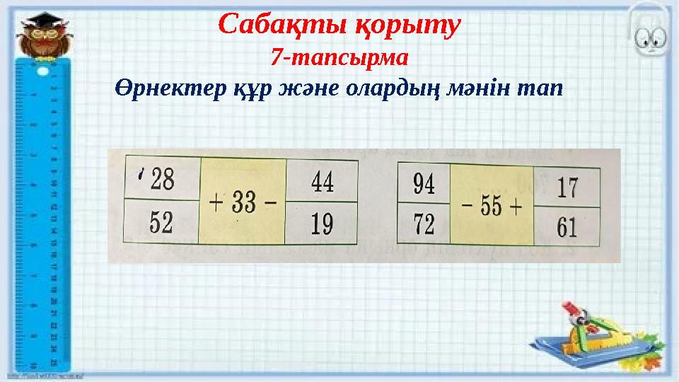 Сабақты қорыту 7-тапсырма Өрнектер құр және олардың мәнін тап