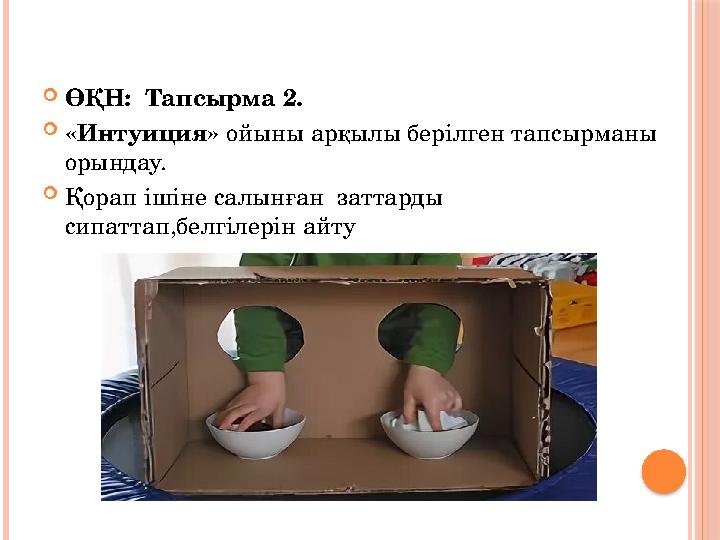 ӨҚН: Тапсырма 2. «Интуиция» ойыны арқылы берілген тапсырманы орындау. Қорап ішіне салынған заттарды сипаттап,белгілер