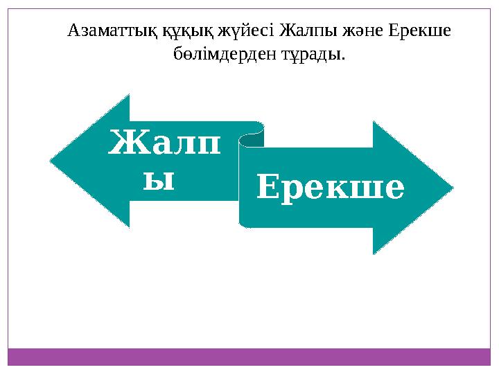 Азаматтық құқық жүйесі Жалпы және Ерекше бөлімдерден тұрады. Жалп ы Ерекше