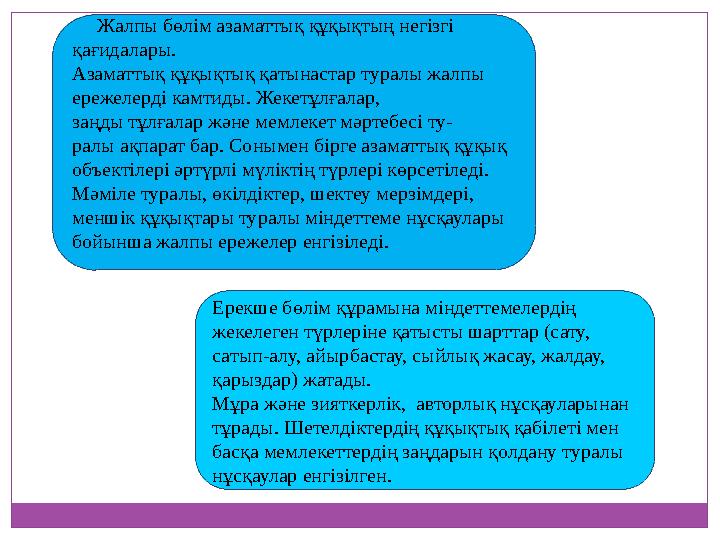 Жалпы бөлім азаматтық құқықтың негізгі қағидалары. Азаматтық құқықтық қатынастар туралы жалпы ережелерді камтиды. Жекетұлғ