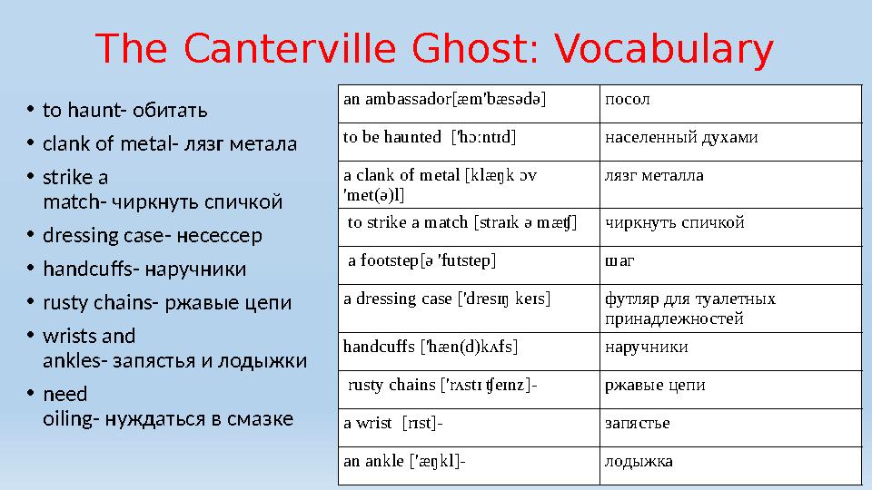 The Canterville Ghost: Vocabulary •to haunt- обитать •сlank of metal- лязг метала •strike a match- чиркнуть спичкой •dress