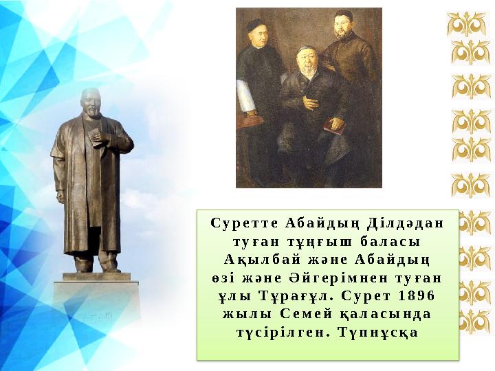 Суретте Абайдың Ділдәдан туған тұңғыш баласы Ақылбай және Абайдың өзі және Әйгерімнен туған ұлы Тұрағұл. Сурет 1896 жылы С