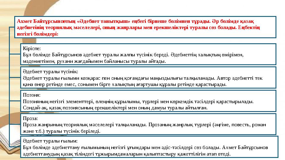 Ахмет Байтұрсыновтың «Әдебиет танытқыш» еңбегі бірнеше бөлімнен тұрады. Әр бөлімде қазақ әдебиетінің теориялық мәселелері, оның