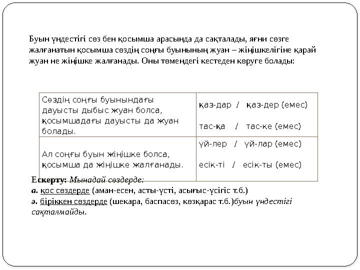 Буын үндестігі сөз бен қосымша арасында да сақталады, яғни сөзге жалғанатын қосымша сөздің соңғы буынының жуан – жіңішкелігіне