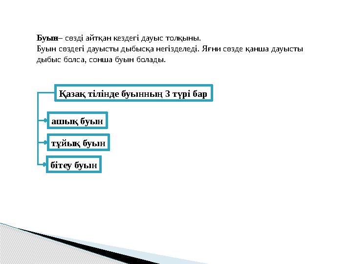 Буын– сөзді айтқан кездегі дауыс толқыны. Буын сөздегі дауысты дыбысқа негізделеді. Яғни сөзде қанша дауысты дыбыс болса,