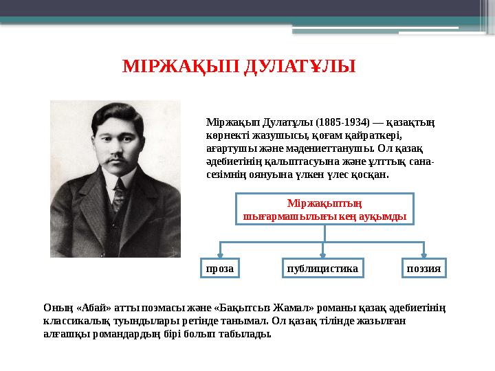 Міржақып Дулатұлы (1885-1934) — қазақтың көрнекті жазушысы, қоғам қайраткері, ағартушы және мәдениеттанушы
