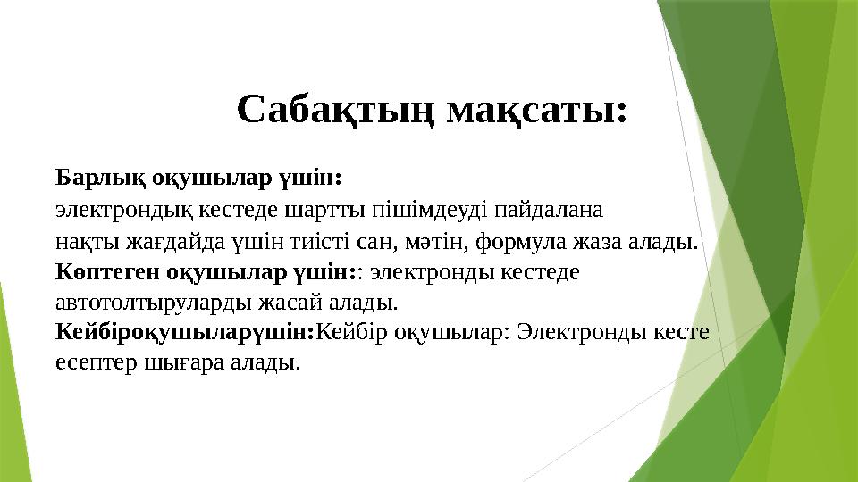 Барлық оқушылар үшін: электрондық кестеде шартты пішімдеуді пайдалана нақты жағдайда үшін тиісті сан, мәтін, фор